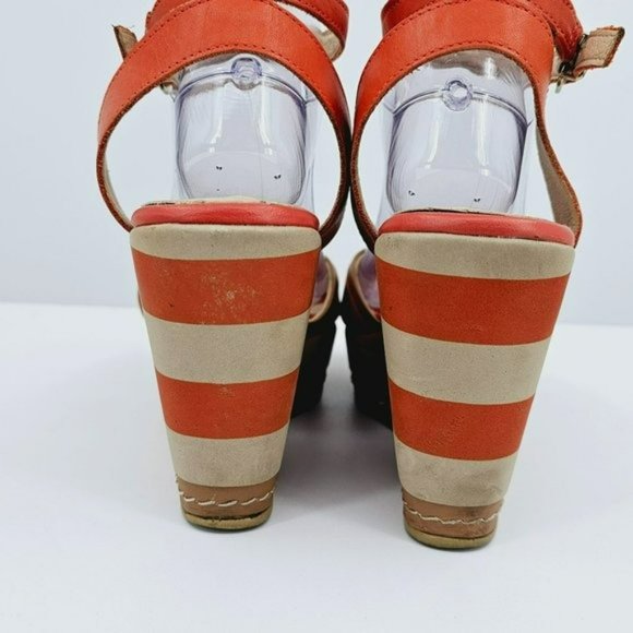 Malu Wedge Sandals 10 Super Comfort Orange Tan Stripe Tall Open Toe Ankle Straps - Picture 7 of 13